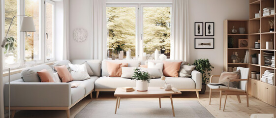Obraz na płótnie Canvas Stylish Scandinavian modern living room with open window and stylish wooden coffee table with plant on it - Generative Ai