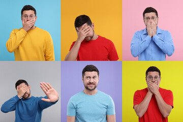 Collage with photos of embarrassed man on different color backgrounds