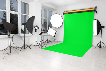 Chroma key compositing. Green backdrop and equipment in studio