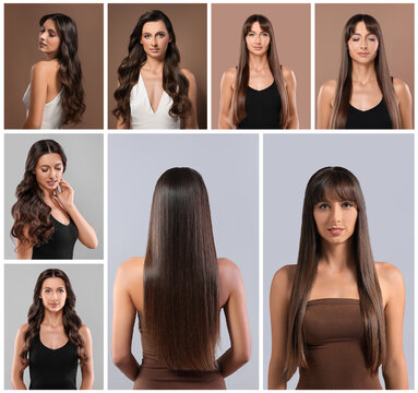 Beautiful woman with hairstylings on different color backgrounds. Collage of photos