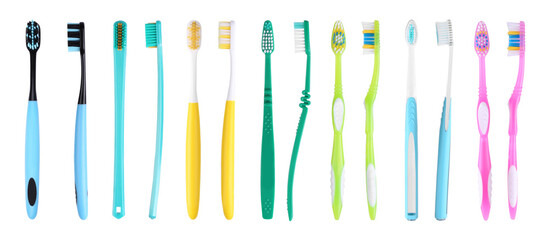 Set of different colorful toothbrushes on white background - obrazy, fototapety, plakaty