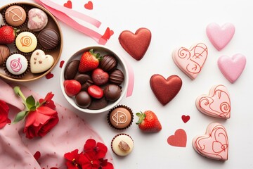Festive assortment of treats, fruits, and chocolates on a white background. A 'Happy Galentine's Day' banner adds a celebratory touch. Generative AI