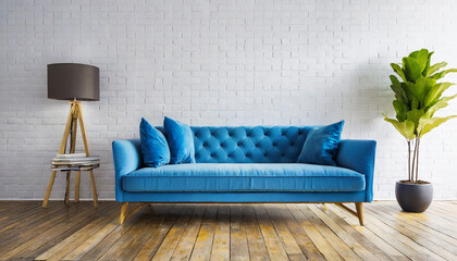 Blue sofa in room on empty white wall background