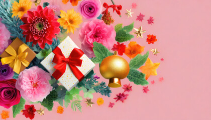 Christmas decorative items ,gift box,star,bow and bell,Festive Holiday Decorations,Top view copyspace