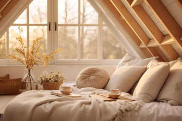 Cozy Scandinavian-styled attic bedroom interior. Autumn, warm evening