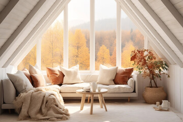 Cozy Scandinavian-styled attic interior. Autumn view outside the window