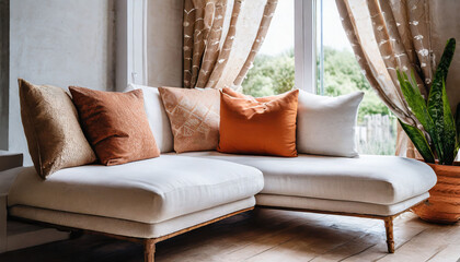 Close up of fabric sofa with white and terra cotta pillows. French country home interior design of modern living room