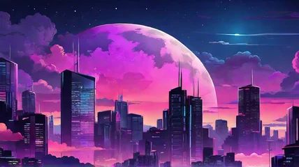 Crédence de cuisine en verre imprimé Violet Illuminated Anime Cityscape: Nighttime Radiance in Neo-Crisp Illustration. Generative AI.