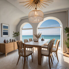 Coastal, mediterranean home interior design of modern dining room with arched ceiling