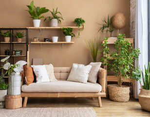 Cozy sofa with white and beige cushions and wooden pots with houseplants against beige wall with shelves. Scandinavian home interior design of modern living room in farmhouse