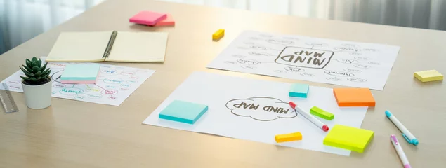  Business marketing strategy and brain storming mind map, colorful sticky notes and equipment placed on table at modern workplace. Creativity startup and marketing plan concept. Closeup. Variegated. © Summit Art Creations