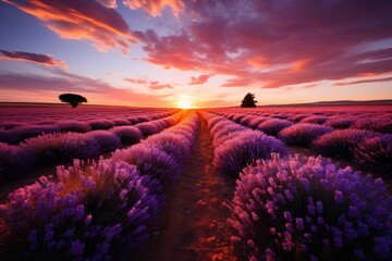 Lavender fields in full bloom under a pastel sunset.