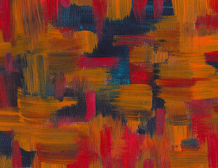 Abstract orange, blue, and red acrylic painting background. Contemporary art with rough brush stroke. Suitable for poster, banner, cover, or presentation.