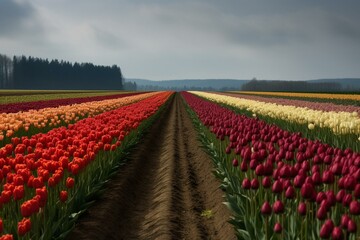 Colorful tulip bands stretching to the horizon. Generative AI