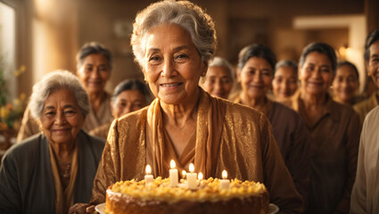 Octogenarian Celebrates Birthday with Beautiful Cake Surrounded by Friends.