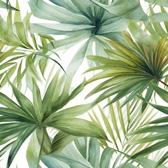 Fototapeta na wymiar Square seamless pattern with watercolor tropical leaves. Watercolor wallpapers with floral motif. Palm leaf, fern. Detailed realistic leaves. generative ai.