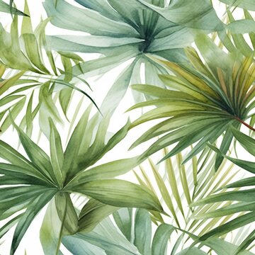 Square seamless pattern with watercolor tropical leaves. Watercolor wallpapers with floral motif. Palm leaf, fern. Detailed realistic leaves. generative ai.