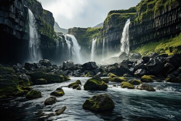 Majestic waterfall cascading down rugged cliffs into a serene pond.