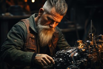 Mechanic tuning vintage car engine, greasy hands, proud craftsmanship.