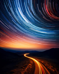 Long exposure landscape image illustration of the galaxy with light trails in several colors. 
