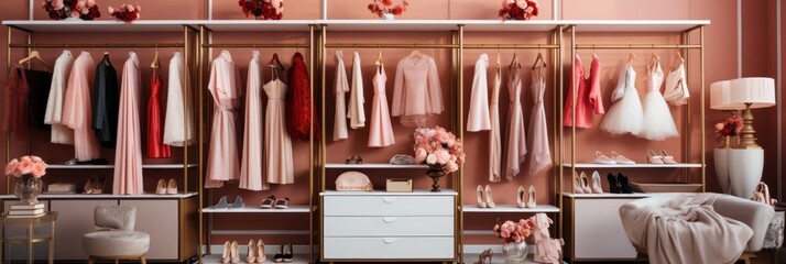 interior of a luxury female wardrobe full of expensive dresses, generative AI