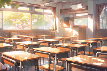 Illustration of a classroom during morning sunrise