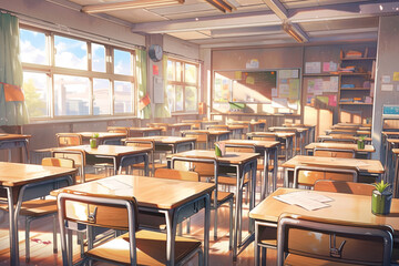 Illustration of a classroom during morning sunrise