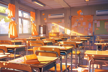 Illustration of a classroom during morning sunrise