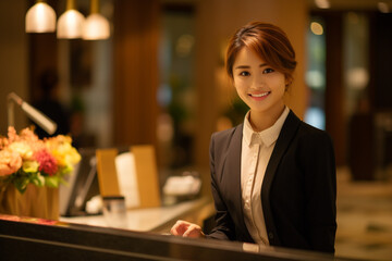 ホテルのフロントで接客をする女性従業員