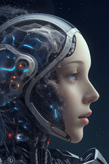 Obraz premium 3d rendering of a female robot face with cyber world concept background