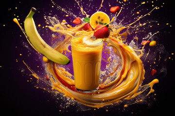 A banana being dropped into a bowl of yogurt is captured in a dynamic and action-filled 