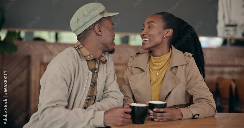 Canvas Prints Couple, love and kiss with coffee at cafe, restaurant or diner for bond, care or romance. Black people, man or woman with tea on a weekend for break, conversation and talking for quality time or date