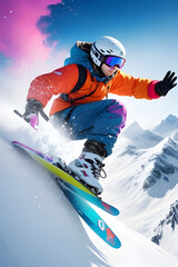 Snowboarder jumping in mountains. Extreme winter sport. 3D Rendering