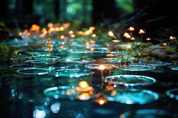 Neon raindrops creating ripples on a pond.