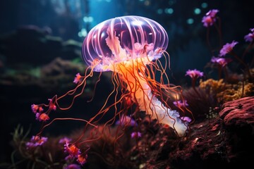 Neon-lit jellyfish gracefully swimming in the depths.