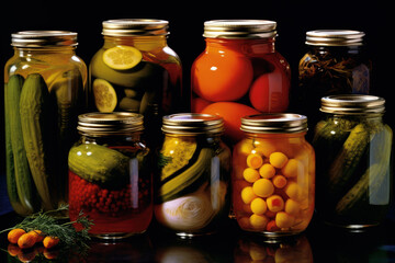 Group of Jars Filled with Various Types of Pickled Vegetables on Table