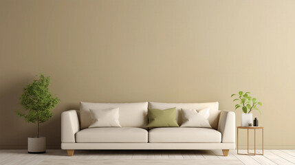 Fototapeta na wymiar Minimalist interior design. Sofa, plants on a plain olive wall background with copyspace. 