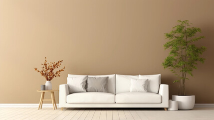 Minimalist interior design. Sofa, plants on a plain beige wall background with copyspace.  