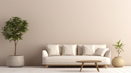 Minimalist interior design. Sofa, plants on a plain beige wall background with copyspace.  