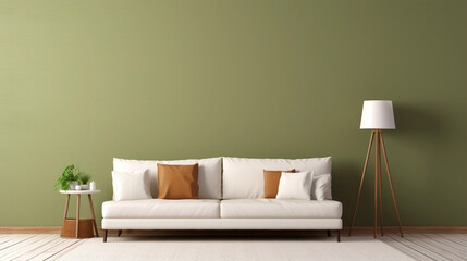 Minimalist interior design. Sofa, plants on a plain olive green wall background with copyspace