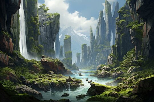 An ancient environment characterized by a diverse ecosystem and breathtaking landforms. Generative AI