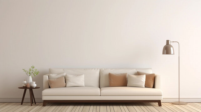 Minimalist interior design. Sofa, plants on a plain wall background with copyspace