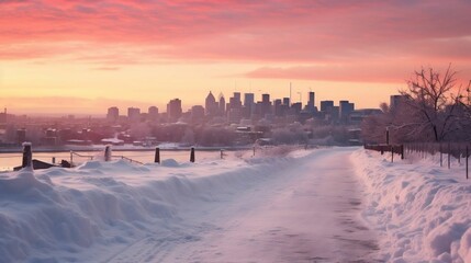 A soft, colorful sunset over a snow-covered cityscape