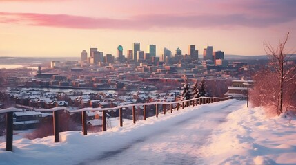 Obraz premium A soft, colorful sunset over a snow-covered cityscape