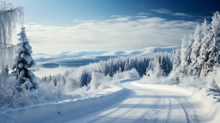 A winding road through a winter wonderland landscape
