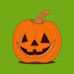 Ilustración de Calabaza de Halloween naranja con fondo verde vectorizada 