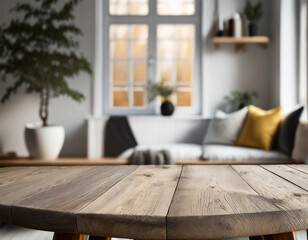 Fototapeta na wymiar Empty wooden table with blurred view of scandinavian living room