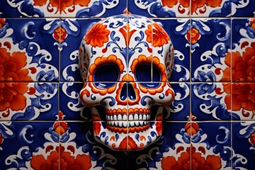 Vibrant skull patterns on tiles. Generative AI