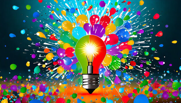 Exploding Colorful Light Bulb Represents New Ideas and Brainstorming Concepts