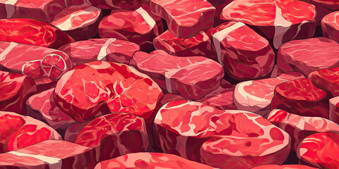 Anime red raw uncooked meat beef ingredients cooking food background backdrop, generated ai